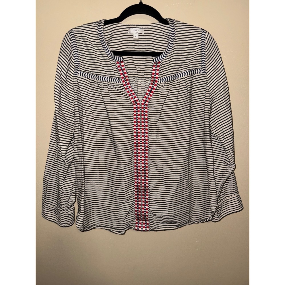 J.Crew Striped Embroidered Split Neck Blouse Navy White Red Womens 10 Nautical